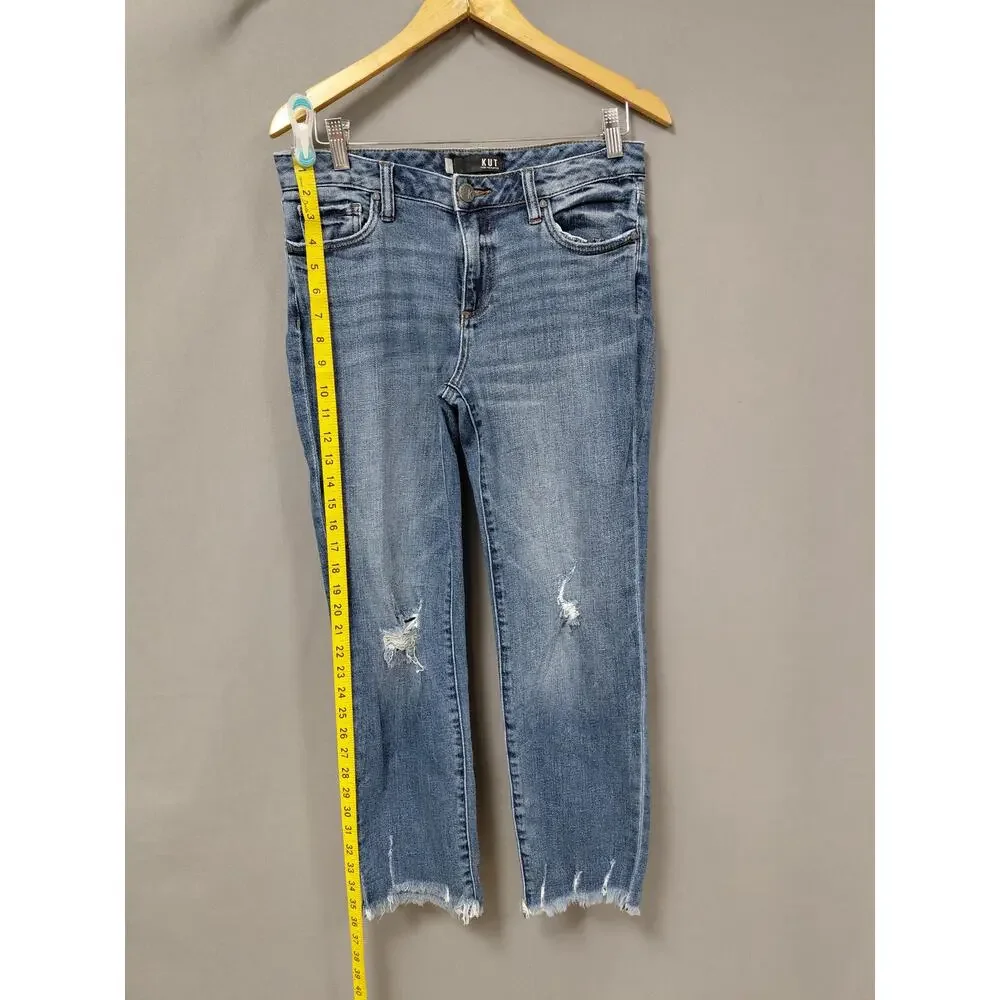 KUT from the Kloth Blue Distressed Raw Hem Straight Leg Jeans Women Size 4